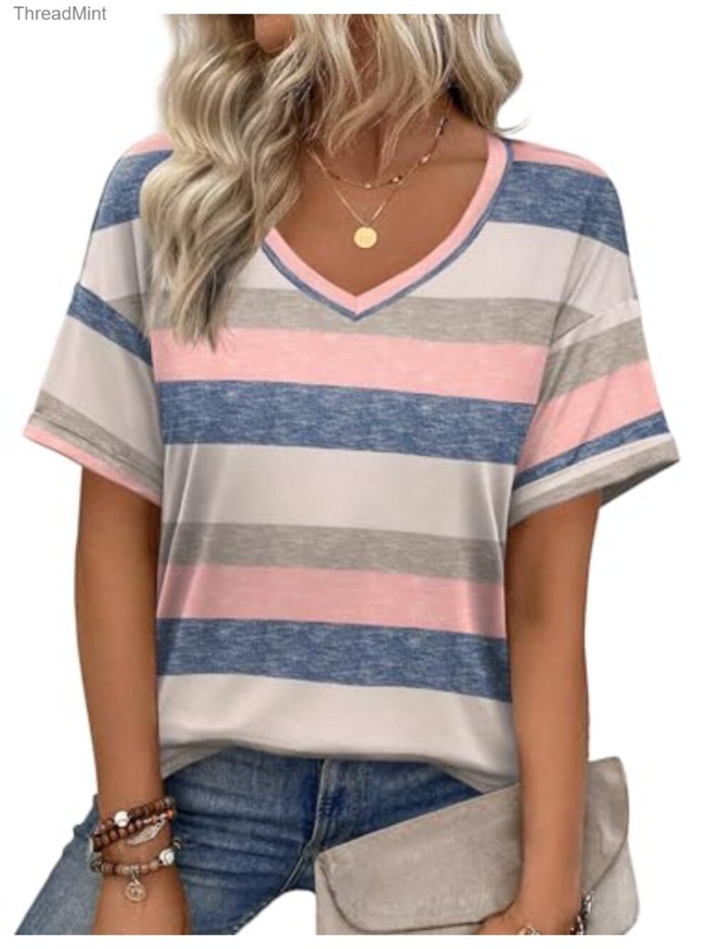 Womens V Neck Short Sleeve T-Shirt 95% Polyester 5% Spandex Loose Fit